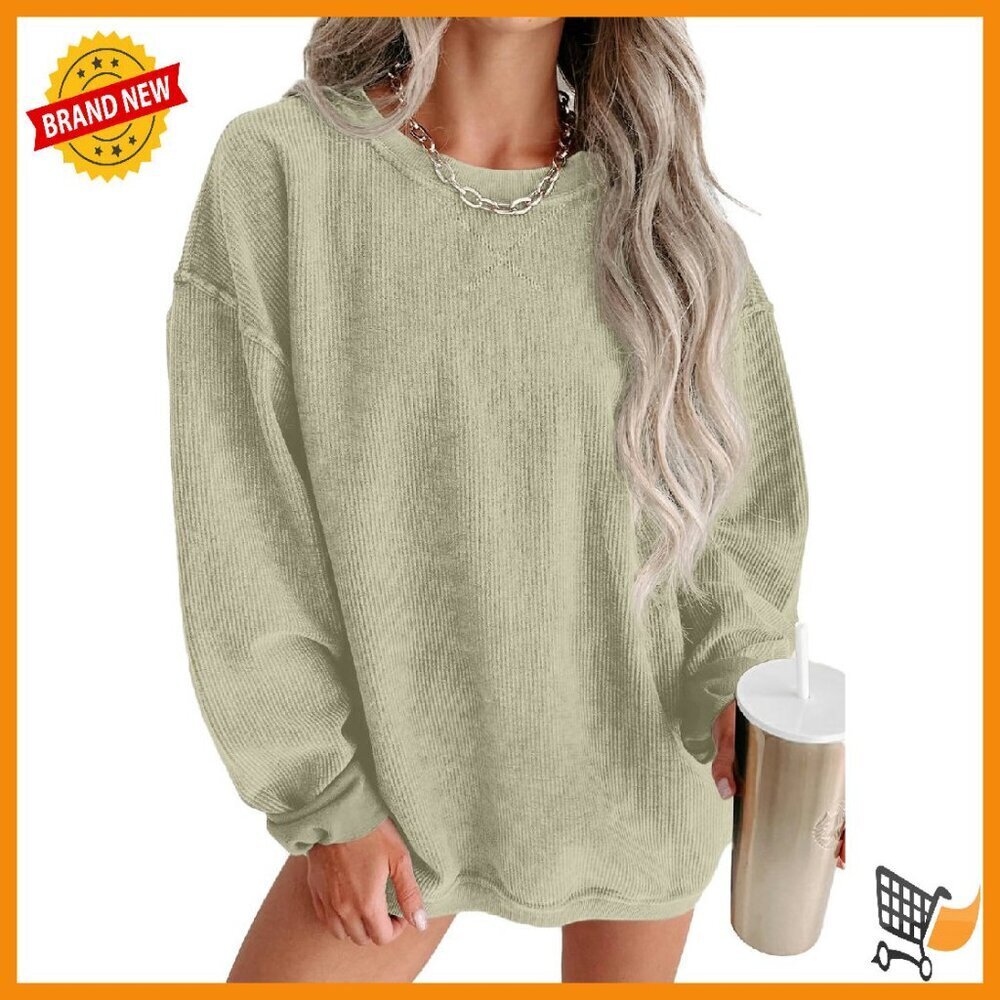 Oversized Corduroy Crewneck Sweatshirt - Long Sleeve Pullover Top